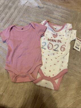 T.J.Maxx Baby Pink and White 'Born in 2026' Two-Pack One-Piece Bodysuits